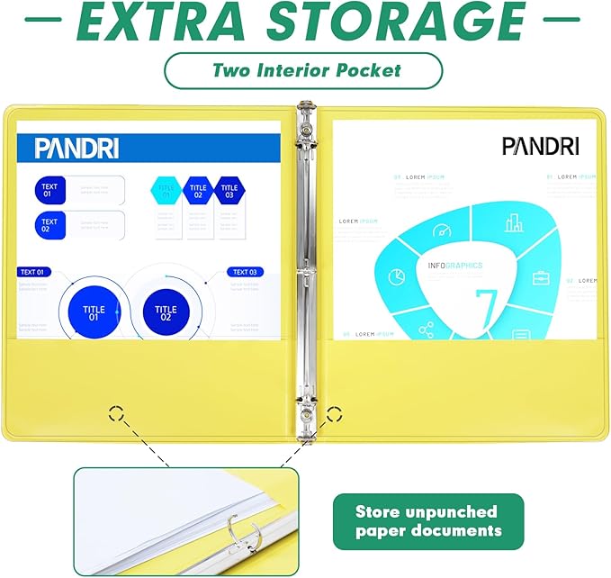 3 Ring Binder 0.5 Inch, PANDRI 6 Pack 1/2-Inch Binder Fits Letter Size 8.5'' x 11'' Paper, Versatile Binders for Office Home School, 2 Pockets, Assorted 6 Color