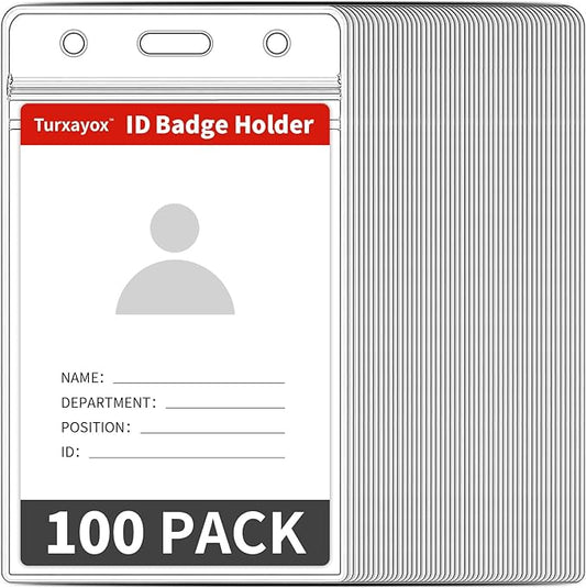 Turxayox 100 Pcs Clear ID Badge Holder, Vertical Plastic Name Tag Protector, Key Card Cover Sleeve, Work I'd Badge Badge Holders with Waterproof Resealable Zipper for Nurse Lanyard