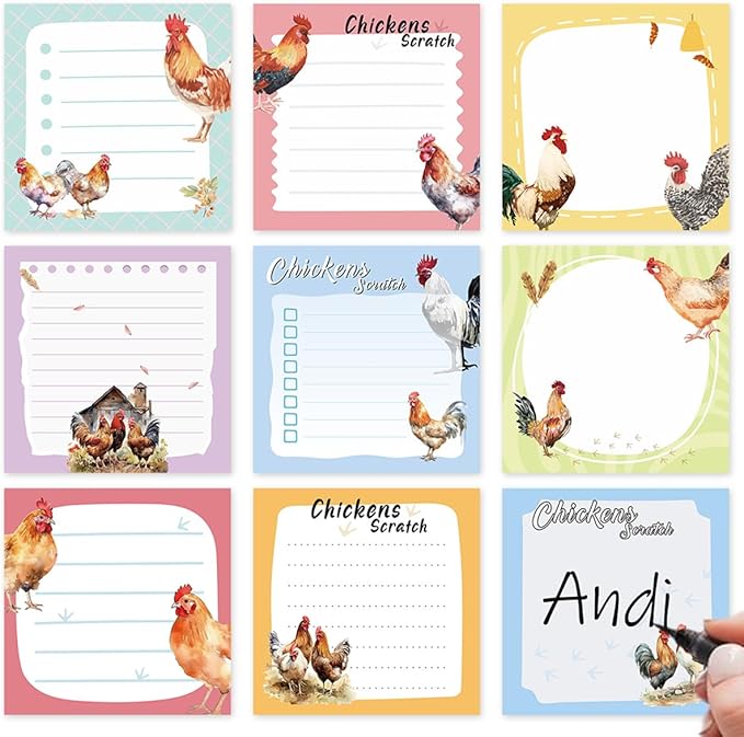 Lovarywow Chicken Sticky Notes Gifts - 9Pack Cute Sticky Notes 3x3 Roosters Chicken Gifts for Women Chicken Scratch Funny Post Notes Animals Self-Stick Notes Pads Office School Supplies 450 Sheets