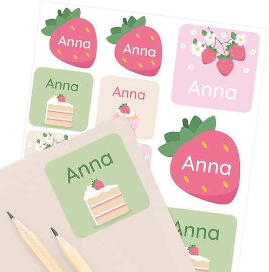 Large Name Labels for Kids (33) - Custom Stickers for Daycare and School Supplies - Durable, Waterproof Stickers for Water Bottles, Lunch Boxes, and More with Unique Designs - Strawberry