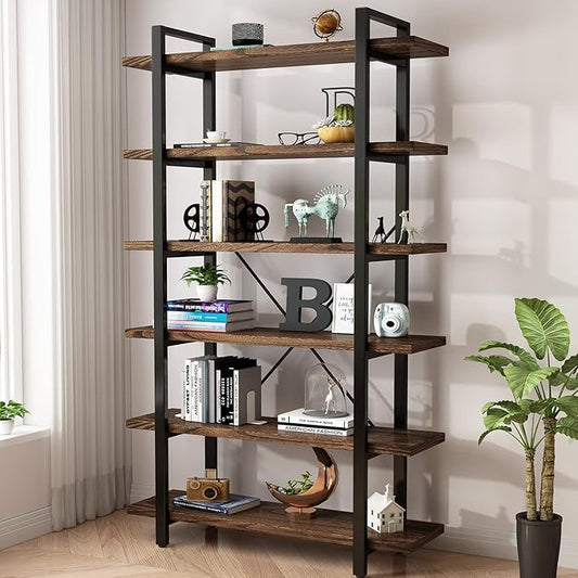 AY-AOYUAN Solid Wood Bookcase and Book Shelves Wood and Metal Shelving Unit 6 Tier Bookshelf Modern Rustic Open Bookshelf Office,Distressed Brown (AY-02-6Tier)