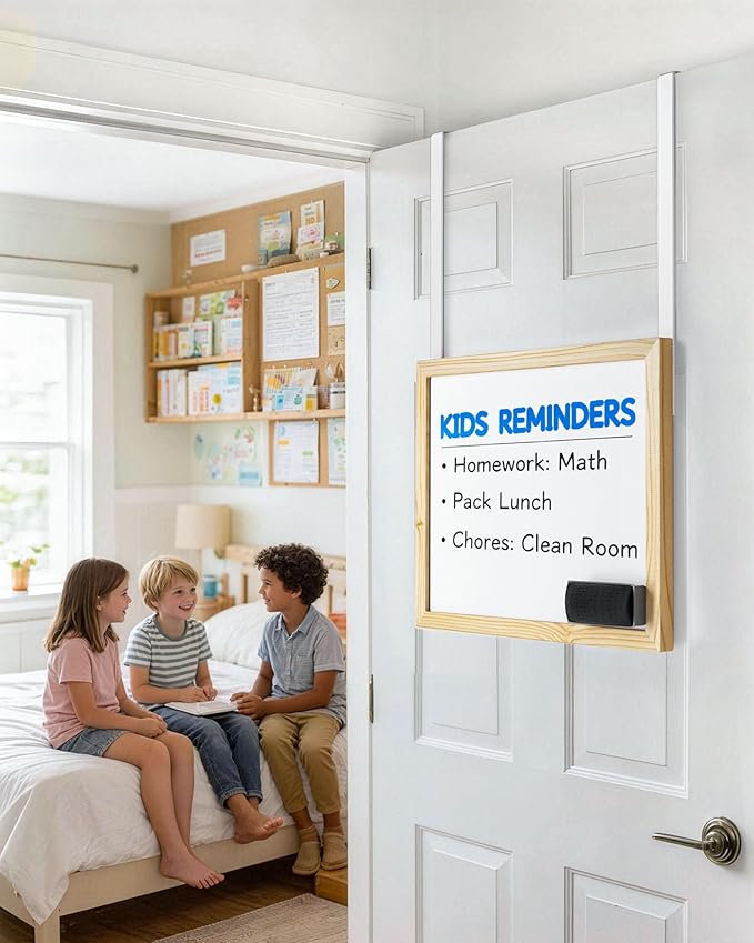 Over The Door Whiteboard, 16"x12" Wooden Dry Erase Board with 2 Hanging Rods, Small White Board for Door, Cubicle Whiteboard for Home, Office, Dorm, No Drills