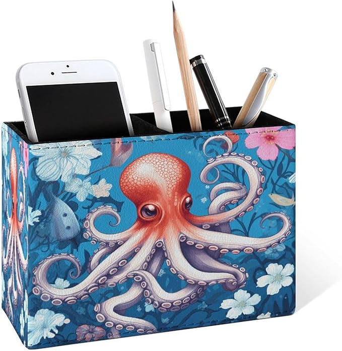 Famame Cute Octopus Flowers Pencil Holder for Desk, Leather Desktop Container Pen Cup Storage Study Table Pen Organizer Makeup Brush Holder for Classroom Office Home