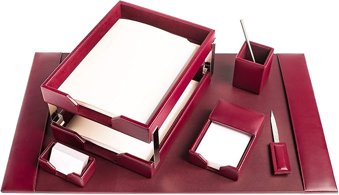 DACASSO Bonded Leather Desk Set - Luxury Leather Desk Pad & Desk Organization Essentials (Burgundy, 8 Piece)
