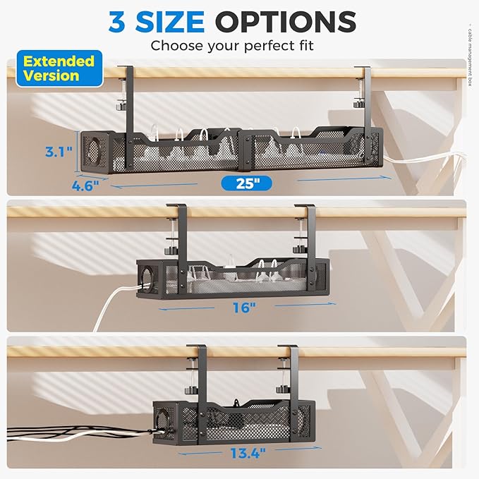 [Upgraded] Extra Large Under Desk Cable Management, Cinati 25" Wire Organizers No Drill, Cable Tray with Clamp for Wire Management, Cord Organization Box for Office, Home - No Damage to Desk(Black)