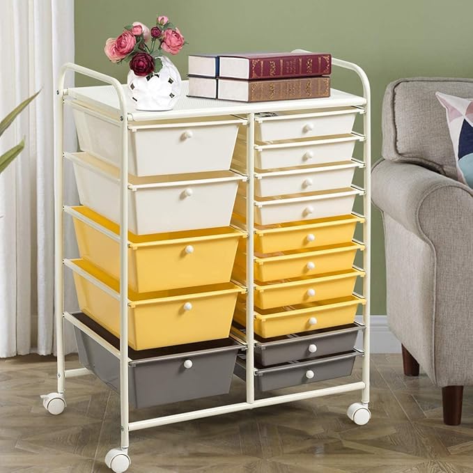 HAPPYGRILL 15-Drawer Rolling Cart, Storage Carts with Removable Drawers & Steel Frame, Utility Cart on Lockable Wheels for Home, School, Office, Yellow