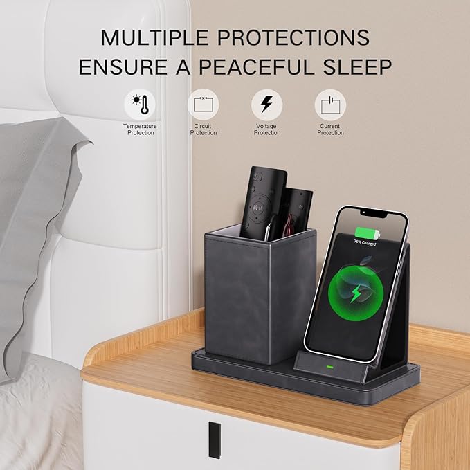 LADSTAG Multi-Functional Pencil Holder for Desk,Gray Vegan Leather Organizers with Remote Control Holder,Pencil Holder,Desk Organizer with Phone Wireless Charger for Office/Nightstand/Endtable