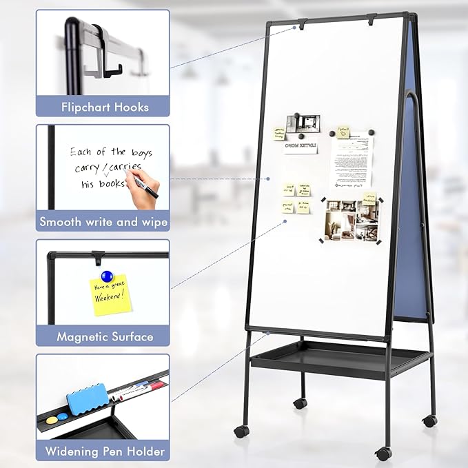 MAKELLO Rolling Whiteboard on Wheels 48x24 in, Double Sided Mobile White Board with Storage Tray for Office School Home, Magnetic Classroom Easel for Teacher, Height Adjustable, Aluminum Frame, 4'x2'