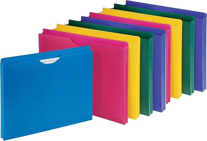 Poly File Jacket, Reinforced Straight Cut Tab, 1’’ Expansion Pocket, Letter Size, Assorted Colors - 10-Pack