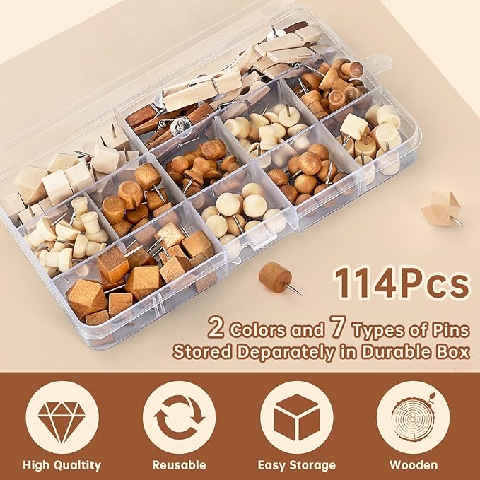 GOOLADA 114Pcs Decorative Push Pins in 7 Types and 2 Colors Wooden Push Pins Cute Thumb Tacks Clips for Cork Board Bulletin Board Wall Cubicle Crafts for Office Classroom Farmhouse with Storage Box