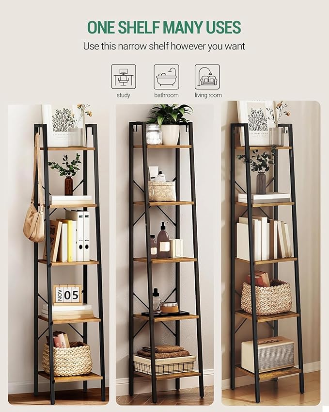 Hzuaneri Ladder Shelf, Bookshelf Bookcase, Freestanding Corner Storage Shelve with 2 Hooks for Home Office, Living Room, Kitchen, Bedroom, Industrial, 11.8" D x 13.4" W x 63" H, Rustic Brown BC03201B