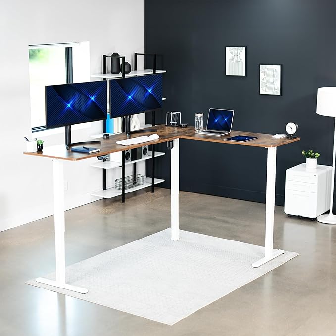 VIVO Electric Corner 84 x 63 inch L-Shaped Standing Desk, Memory Height Adjustment, Rustic Vintage Brown Top White Frame, DESK-E3CTWN-84