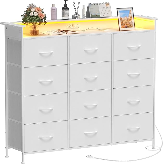 Welfuturer White Dresser with LED Lights and Charging Station for Bedroom 12 Drawers Dressers & Chest of Drawers Tall Dressers for Hallway Entryway Closets Living ROM Sturdy Steel Frame Wood Top