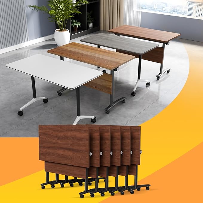 Conference Table Flip Top Mobile Conference Room Tables,Folding Conference Table with Wheels,Large Meeting Training Seminar Table Saving Space for Office Classroom(6D,61'')