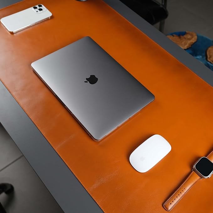 TORONATA Jersey Genuine Calfskin Leather Desk Pad, Office Desk Mat with Non-Slip Bottom, Smooth Surface for Mouse & Keyboard, Desk Protector (36x19 inches) (Tan)