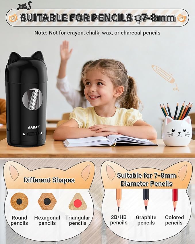 AFMAT Electric Pencil Sharpener, Fully Automatic Pencil Sharpener for Kids, Auto in & Out, for φ7-8mm No.2/Colored Pencils, Rechargeable & Cordless, Cute Cat Pencil Sharpeners for Classroom Home PSX9