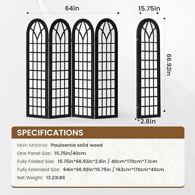 ALeesing Folding Room Divider Privacy Screen Freestanding 4-Panel Shoji Style Wooden Frame Decorative Partition Wall for Bedroom Office Apartment Black