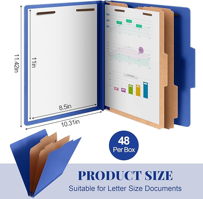 Skyygemm 60 Pcs Classification Folders Letter Size, 2 Divider Pressboard File Folders with 3. 5 Inch Expansion, 2 Prongs Fastener, Heavy Duty Office File Organizers for Teachers, Medical (Dark Blue)