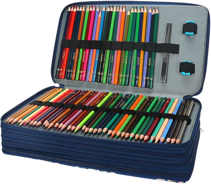 Vomgomfom Large Capacity Pencil Holder - Zipper Closure Twill Fabric Case for 300 Colored Pencils or 200 Gel Pens, Artist Organizer (Blue Rose)
