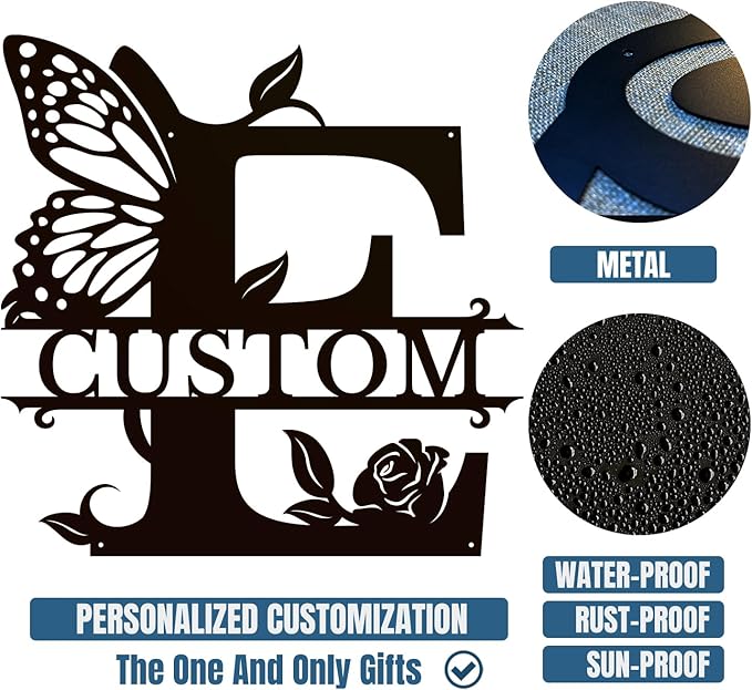 Personalized Custom Letter Name metal Signs,Custom Black Letter Monogram Wall Art Decor,Metal Signs Plaques Outdoor wall Decorative Signage (E)