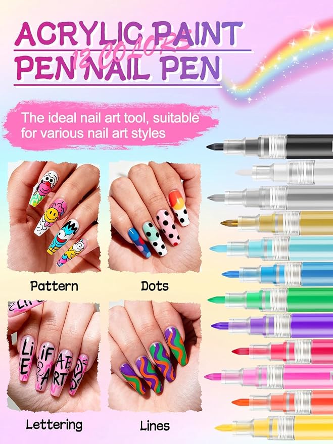 EBANKU Nail Art Pens Set, 12 Colors 3D Nail Polish Pens Acrylic Paint Pens Nail Markers for Nail Art Drawing Painting Manicure Tools Nail Design Kit Home Nail Salon DIY, 0.7MM