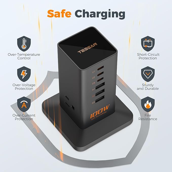Charging Station PD 100W, TESSAN 9-in-1 USB C Power Strip for iPhone 17/16/15, MacBook, Tablet, Desktop Phone Fast Charger with 3 AC, 3 USB-A Ports, Home Drom Office Accessories