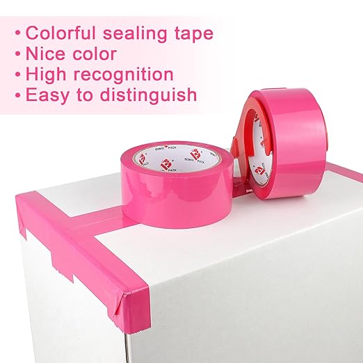 BOMEI PACK Heavy Duty 6 Rolls Colored Moving Tape with Dispenser 1.88 Inch x 60 Yard, Pink Packaging Tape 2.4 mil Packing Tape for Shipping, Moving, Mailing & Storage
