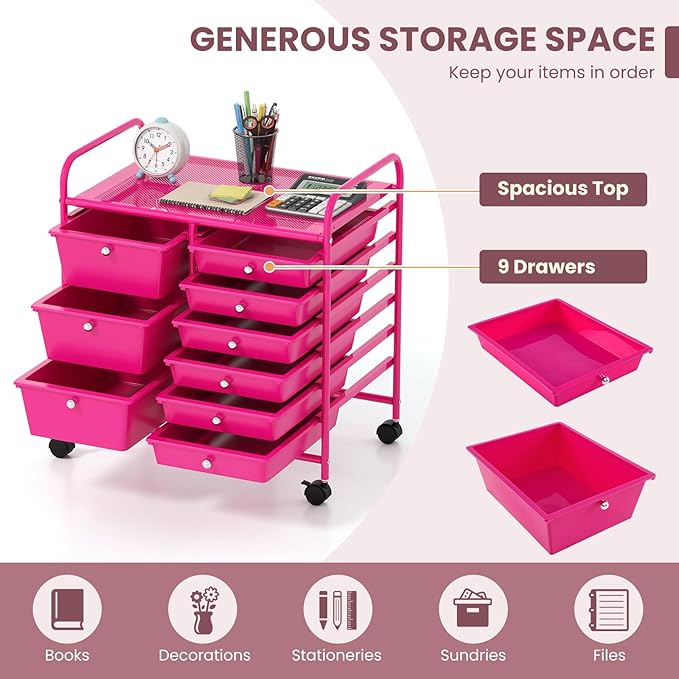 LDAILY 9 Drawer Rolling Storage Cart, Rolling Cart with Drawers for Classroom, Art Supply Craft Organizer on Wheel with Metal Frame & Handles for Home Office School