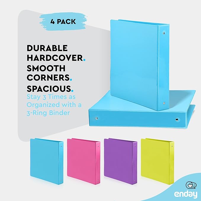 3 Ring Binder 1.5 Inch, 1 ½ inch Binder Clear View Cover with 2 Inside Pockets, Colored School Supplies Office and Home Binders Pink, Blue, Purple, Green (4 Pack) – by Enday