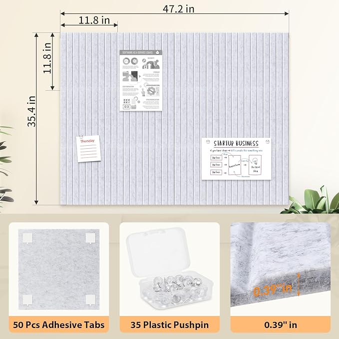 Smarpau Large Cork Board for Walls, 48"x36" Bulletin Board, 12 Pack Slat Felt Wall Tiles with Pushpins Removable Security Tabs, Pin Board for Office Wall Organizer Protector -Grey