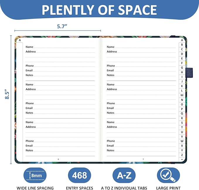 Comkiso Address Book with Individual Alphabetical Tabs Laminated, Large Print Address Book with 468 Wide Lining Entry Spaces, Change of Address Labels, Hardcover Address Book 5.7 x 8.5" - Bloom