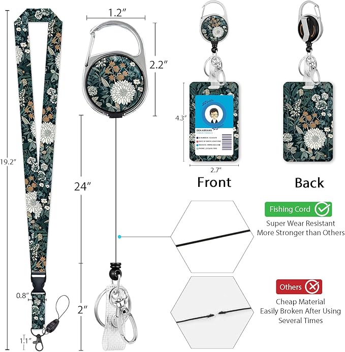 Giancomics Floral Lanyards for Id Badges, Weeds ID Badge Holder with Retractable Reel, Vintage Teacher Lanyard with Keychain Clip Name Tag Card Holder for Women Gift