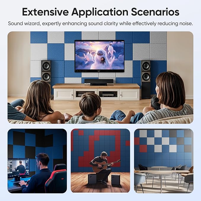 UNECHO 12 Pack 12" X 12" X 0.4" Acoustic Panels for Wall Sound Absorbing,Square Self-Adhesive Sound Panels, High Density Suitable for Multiple Scenarios(Yale Blue)