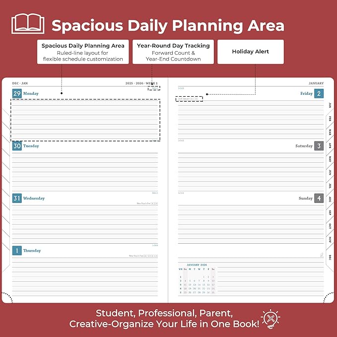 IN-LUXPRO Planner 2026 Daily Weekly and Monthly,11.5"x8.5",12 Months Spiral Bound Calendar Agenda with Self-adhesive Pen Holder,2026 Appointment Book with Vegan Leather Soft Cover,Red