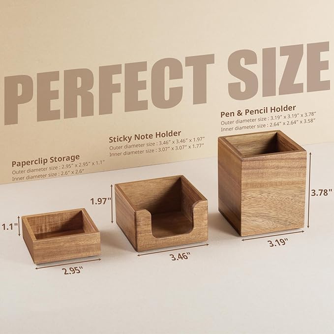 CMLKLZD Desk Organizer Set of 3 - Acacia Wood Office Desk Accessories - Desk Organizers and Accessories for Women Men - Set incl. Pencil Pen Holder, Paperclip Storage and Sticky Note Holder