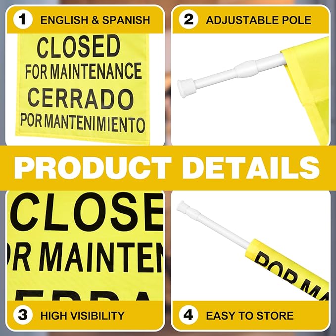 Leinuosen Closed for Maintenance Safety Sign with English and Spanish Text 27.56-51.18 Inch Expandable Yellow Commercial Hanging Doorway Safety Sign Banner for Restroom Office Hotel