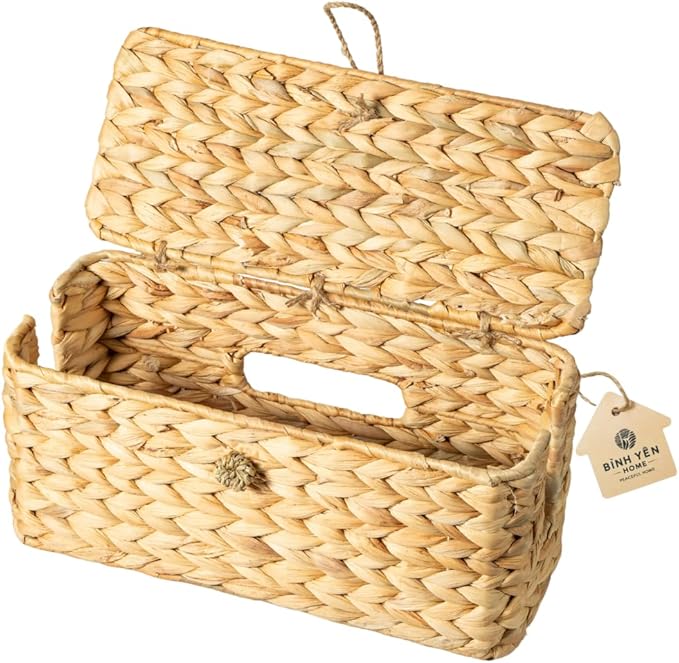 BINH YEN HOME Wicker Cable Management Box with Lid, A Handwoven Water Hyacinth Cords Hider Box for TV, Computer, Router, USB Hub to Hide Cords & Power Strip for Desk, Floor, Office, 16x6.9x6.9”