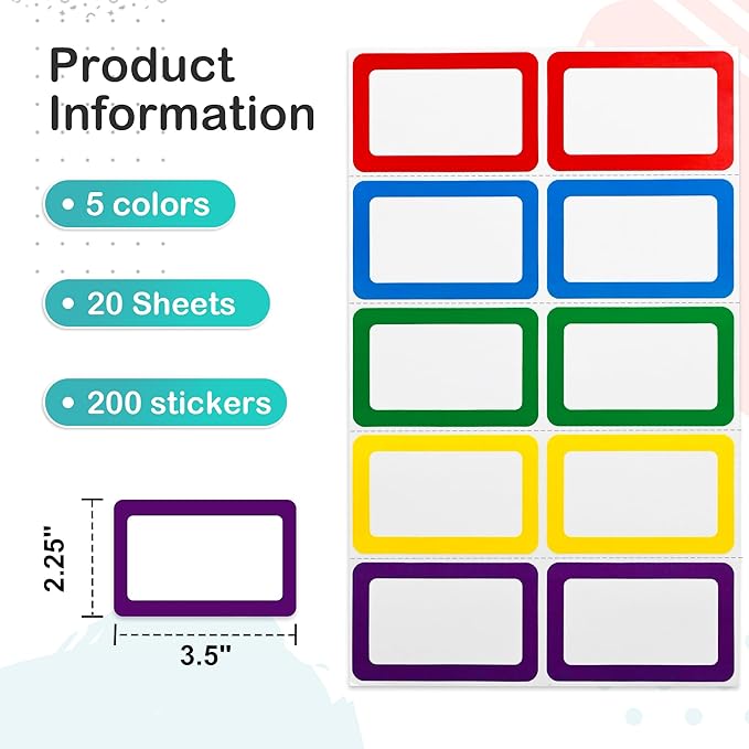 L LIKED 200 Stickers - 3.5" x 2.25" Colors Plain Name Tags Stickers with Perforated Line for School Office Home (Blank - 200 Labels)