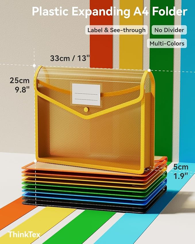 ThinkTex Plastic Expanding File Folder, Transparent envelopes with Snap Closure,No Dividers,Large Capacity,Document Organizer for Receipts, Bills&Taxes,Letter/A4 Size for School/Office/Home-10 Pack