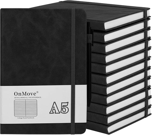 OnMove Notebooks Journal for Women Men 12 Pack Bulk Leather Hardcover with Pen Holder A5 160 Pages 100 GSM Thick Paper for Work School Lined Black