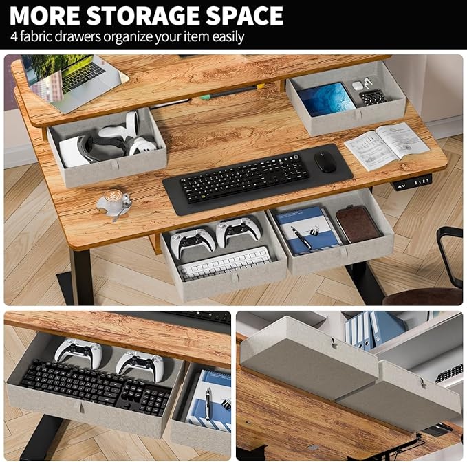 Kingant 48 x 30 Inch Electric Standing Desk with 4 Drawers, Adjustable Height Computer Desk for Home Office, Large Workstation Sit Stand Up Desk with Built-in USB A/C Ports, Light Rustic Brown