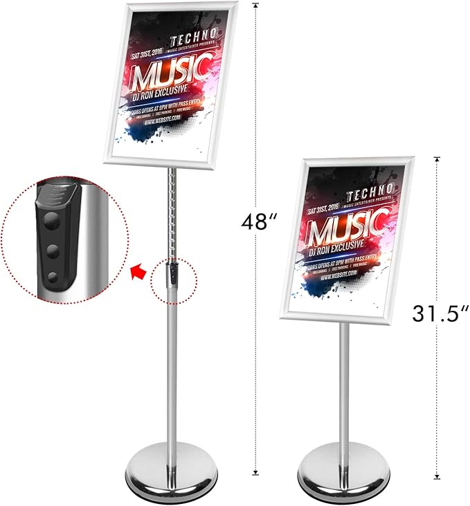 DISPLAYSWORKER Adjustable Poster Sign Stand,Floor-Standing Sign Holder with Heavy Duty Pedestal,Aluminum Snap-Open Frame for 8.5 x 11 Inch, Silver (8.5 x 11)