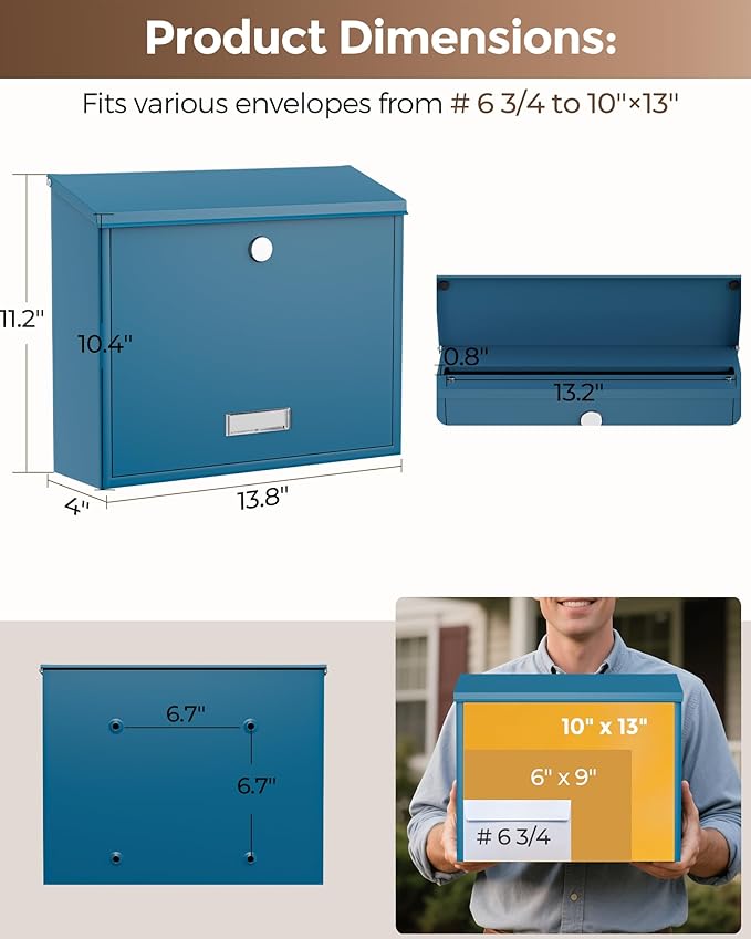 LAND·VOI Locking Wall-Mount Mailbox for Outside, with 4 Keys, Galvanized Steel Rustproof Metal Postbox, 4" Dx13.8 Wx11.2 H, Includes 3 Sets of Mailbox Numbers, Nameplate, Blue