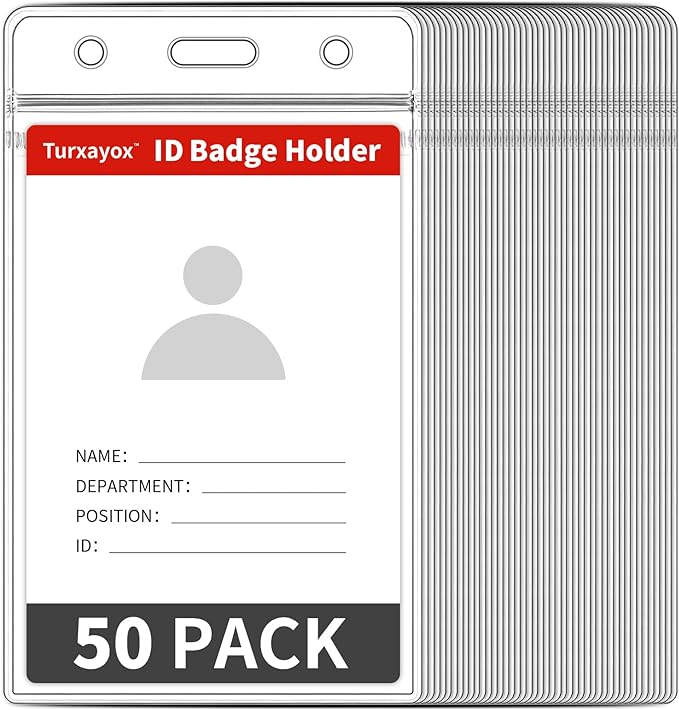 Turxayox 50 Pcs Clear ID Badge Holder, Vertical Plastic Name Tag Protector, Key Card Badge Holders with Waterproof Resealable Zipper for Nurses, Office, School and Lanyards Use