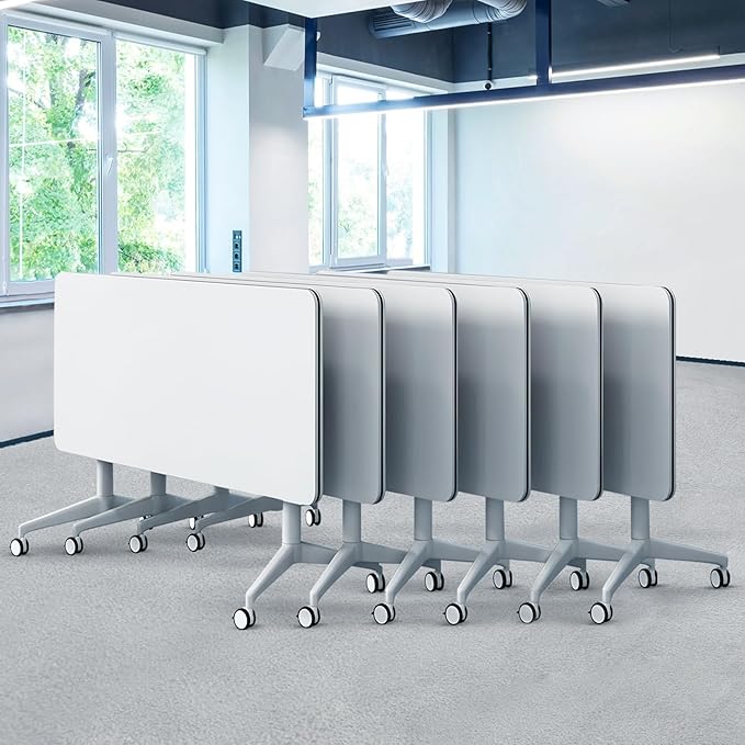 Goakwwuz Conference Room Table, Folding Conference Tables,Thicken Grey Tabletop,Flip Top Wooden Seminar Meeting Room Table for Conference Room Offices (6, White, 55.1”)