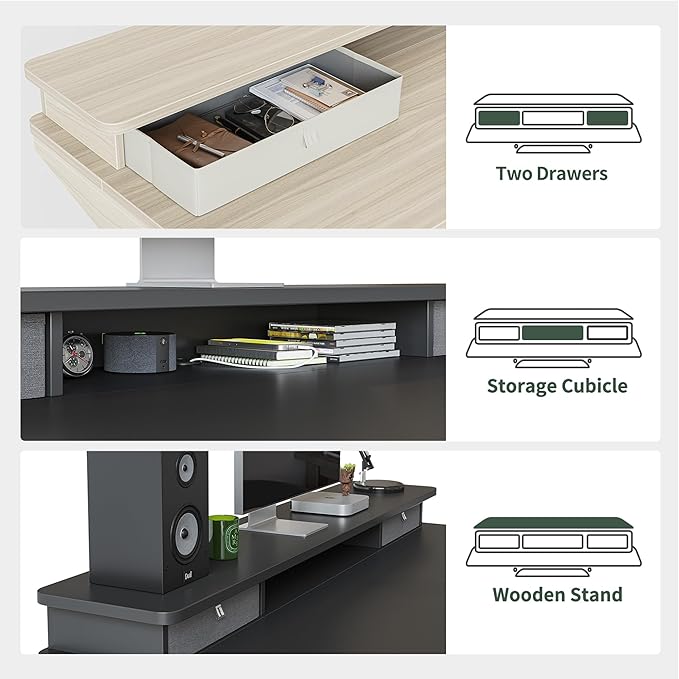 FEZIBO Height Adjustable Electric Standing Desk with 5 Drawers, 55 x 24 Inch Table with Storage Shelf, Sit Stand Desk White Frame/Light Walnut Top, 55 inch