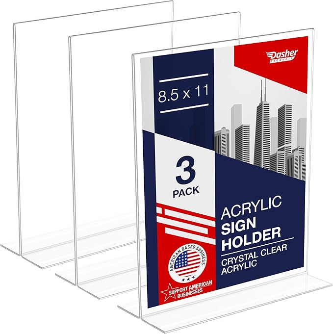 Acrylic Sign Holder 8.5 x 11, T-Shape Tabletop Display Stand, Double-Sided Bottom Load Portrait Frame, Menu and Ad Holder for Restaurants, Promotions, Photos, or Classrooms, Durable Design (3 Pack)