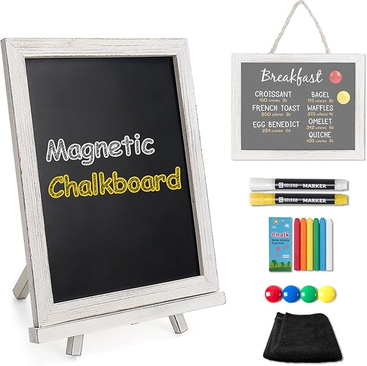 SELEAD 100% Real Wood Frame Magnetic Chalkboard with Stand - 10x12 Inch Small Tabletop/Hanging Chalk Board Words Sign Board, Message Menu Board for Cafe, Business, Wedding - Vintage White