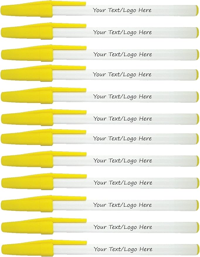 SyPen Personalized Stick Pens With your Custom Logo or Text-500 Pack Bulk-for Businesses, Parties, and Events, Custom Printed Slim Ballpoint Pens with Cap, Yellow, Black Ink
