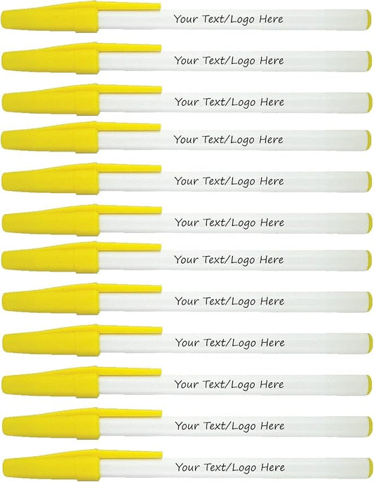 SyPen Personalized Stick Pens With your Custom Logo or Text-500 Pack Bulk-for Businesses, Parties, and Events, Custom Printed Slim Ballpoint Pens with Cap, Yellow, Black Ink